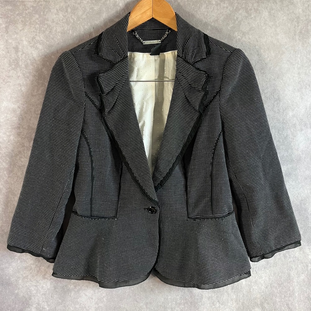 White House Black Market Blazer Women 6 Black White Polka Dot Peplum Ruffle Coat
